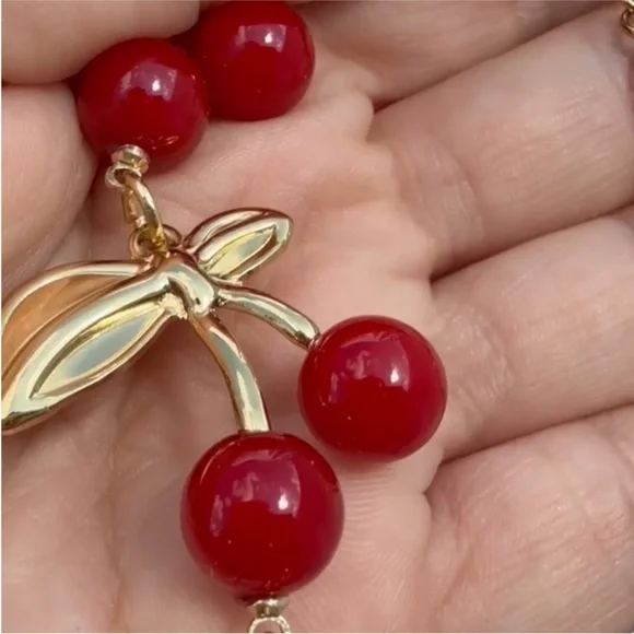 Cherry Design Gold and Red Beaded Stainless Steel Necklace - Picture 4 of 11